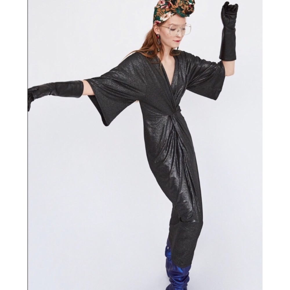 Zara Front Knot Twist Midi Metallic Black Dress - Picture 1 of 10